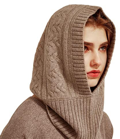YUONNY 100% Kaschmir Kapuzen Schal, Damen Herren Winter Warm Gestrickt Kapuzenmütze Loop Schals Kopftuch Halswärmer, Stilvolle Kaschmir Strick Beanie Hut Schal Set Winddichte Cap, Geschenk Camel