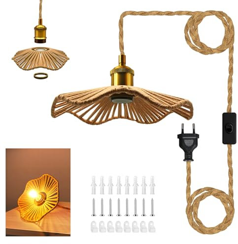Retro Hanfseil Pendellampe Kit, 510cm Vintage Hängelampe mit Stecker, E27 Lampenfassung mit Kabel, Gewebten Lampenschirme Hängelampen,Messing Fassung Für Esstisch Küche Loft Bar,Ohne Glühbirne