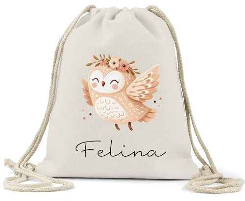 kleinebuchstaben 100% Baumwolle Turnbeutel Personalisiert mit Name - Wunschname - Sportbeutel Rucksack mit Kordelzug - für Sport Kindergarten Schule - 38 x 45 cm - 13 Liter (Eule Fliegend)