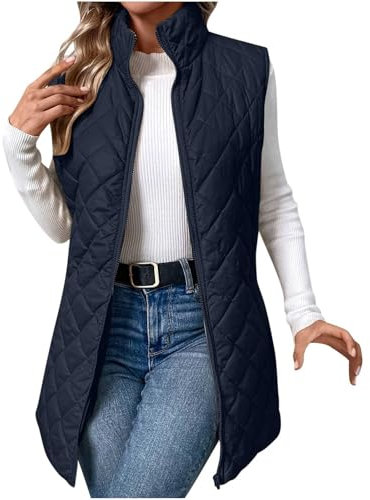OVARA Women's Quilted Gilet Longline Stand Collar Lightweight Zip Padded Vest Thermal Comfy Casual Plain Puffer Gilets Ladies Body Warmers Long Sleeveless Jacket