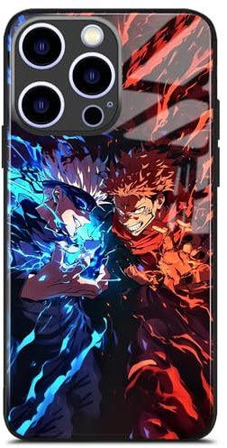 Akatxezy Anime Phone Case for iPhone 14 Plus, Manga Design Tempered Glass Back with Soft Silicone Bumper, Shockproof Glossy Cover