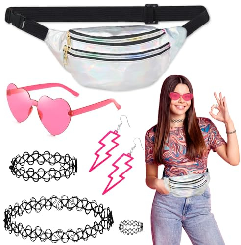 Oerphh 6 Stück 80er Jahre Accessoires Outfit Damen,80er 90er Jahre Kostüm Kleidung Accessoires mit Bauchtasche,Brillen,Halskette,Armbänder,Ohrring,Ring,Neon 80 Jahre Party Outfit Damen fur Karneval