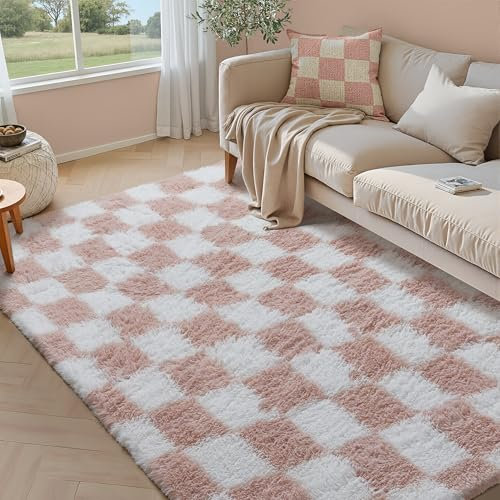 HUGEAR Teppich Kariert Hochflor Teppich Wohnzimmer 150X210cm Rosa Teppich Schlafzimmer Rutschfester Kinderteppich Flauschig Weicher und GemüTlicher Carpet Living Room Kinder Teppich Mädchen Jun