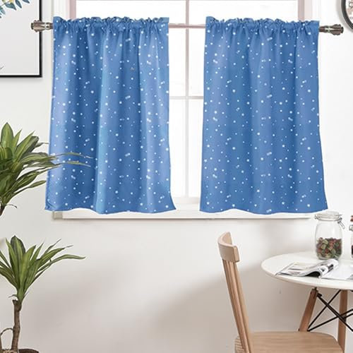 Wycian Gardine Kurz Elegant Kurze Gardinen Verdunkelung Blau 2er Pack Stern H60 x B74 cm (2er Pack) Polyester