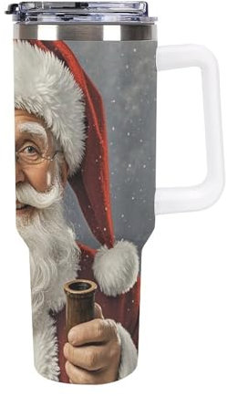 JTKBNVM Gobelet de voyage avec poignée et couvercle à paille - Grande tasse isotherme en acier inoxydable de grande capacité - Motif Père Noël