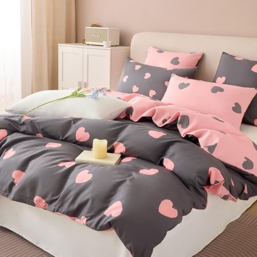 Tospass Herzen Bettwäsche 135x200cm Mädchen Grau Rosa Herz Ästhetik Bettwäsche-Sets Mikrofaser Wende Kinderbettwäsche ÖKO-TEX Deckenbezug 1 Bettbezug mit Reißverschluss 1 Kissenbezug 80x80cm