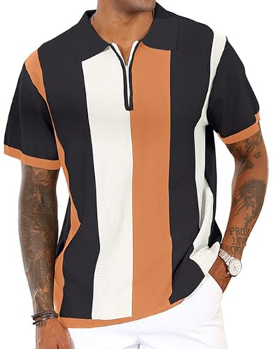 Men's Fashion Polo Shirts Vintage Striped Knitting Shirts Casual Slim Fit Golf Shirts Black 3XL