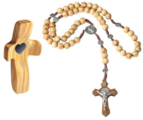 TTPSRY 2 Stück Holzkreuz Set Handgefertigt Wandkreuz Naturholz Rosenkranz Gebetskette Religiöse Dekoration Katholische Andacht Holzperlen Kruzifix