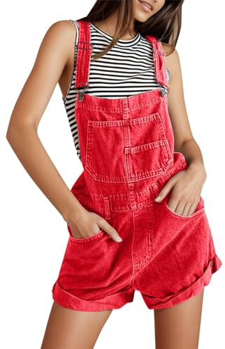 2025 - Peto de mezclilla ajustable elástico casual para mujer, jeans, pantalones cortos, monos de playa, rojo, M