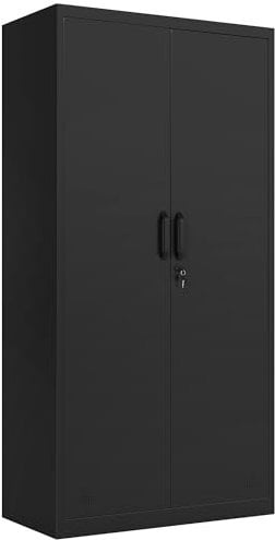 DWVO Metal Storage Cabinets, Tall Filing Cabinets with Keys & 4 Adjustable Shelves, lockable Office Cabinet For Home Office Garage, Black, 180 cm x 90 cm x 45 cm
