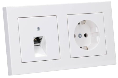 JUNG Serie A Cat.6A Netzwerk- & Steckdose Set Alpinweiß | mit Cat.6A iso-Anschlussdose, A569-1PLUAWW Abdeckung, A1520WW SCHUKO Steckdose, A5582BFWW Rahmen 2-fach