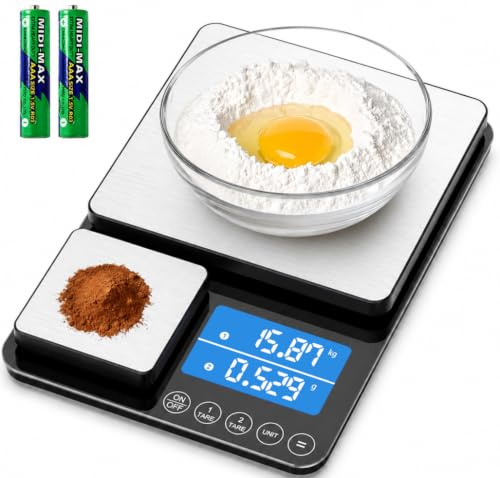 Diyife Küchenwaage mit 2 Plattformen, 15Kg/1G & 500G/0.01G Feinwaage | Multifunktional Küchenwaage Digital, 7 Einheiten, LCD-Display, Tara, Abschaltautomatik, Intelligente Gewichtskumulation