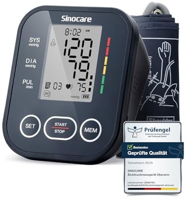 Oberarm-Blutdruckmessgerät sinocare, präzise und einfach, für Zuhause | XL-Manschette (22-42 cm), Klinisch Validiert, 2x99 Speicher für 2 Nutzer, Arrhythmia Detection, Dualer Stromversorgung