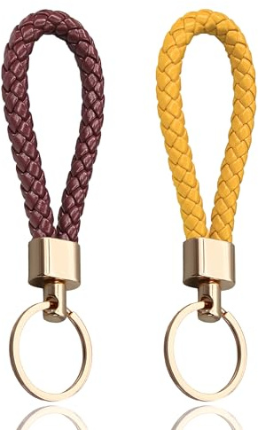 LynixTrade 2 Pcs Woven Leather Key Rings for Women, Two-Color Keyring Set | Braided PU Leather Keyring with Gold-Tone Ring, Stylish and Practical Key Holder for Home & Car Keys Everyday Use