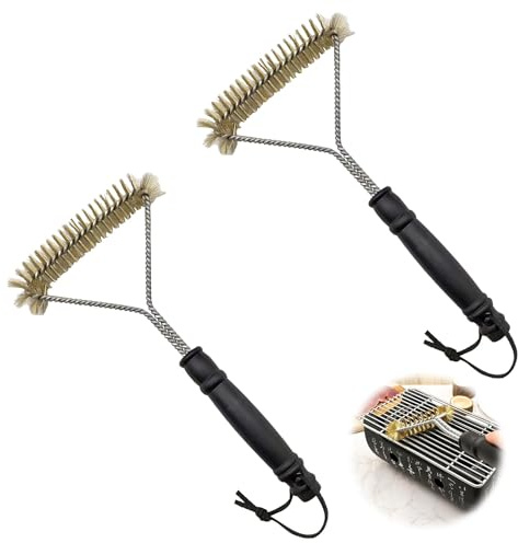 Grill Brush 12 Inches/30.5 cm, Three Sided 360° Grill Cleaner with Stainless Steel Brass Bristles, Heat Resistant Plastic Handle, BBQ Accessories for Grill Grate, Gas Grill, Charcoal Grill, Cast Iron