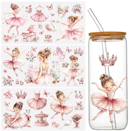 WANDIC 3 Bögen Cartoon-Ballett-Mädchen-Thema, zum Basteln, UV-DTF-Aufkleber, Möbel-Transfers, Fensteraufkleber, DIY-Aufkleber für Handarbeit, Dekoration