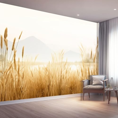 Fototapete 400 X 280 Cm Herbstliche Wiese Goldene Grashalme Und Ferne Berge 3D Effekt Fototapeten Wandbild Motivtapeten Vliestapete Moderne Wandtapete Wand Schlafzimmer Wohnzimmer