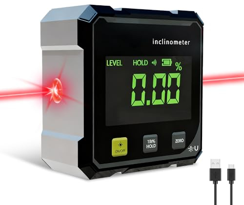 4-Seitiger Magnetischer Digitaler Winkelmesser mit Laser, NAVESO Digitale Wasserwaage mit LED-Anzeige, USB Wiederaufladbar Neigungsmesser Digital für Holzarbeiten, Bau und DIY
