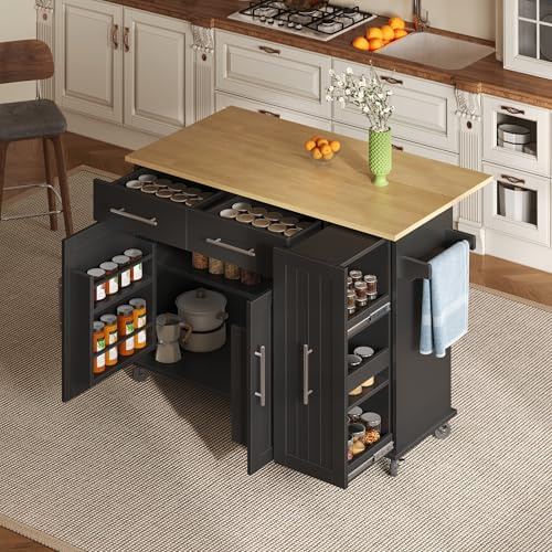 küchenwagen mit Rollen, Servierwagen mit Klappbarer Arbeitsplatte, Bewegliche Kücheninsel mit Schublade, Gewürzregal &Handtuchhalter, Schwarz Esswagen Küche,Esszimmer &Wohnzimmer, 120x40(65)x90cm