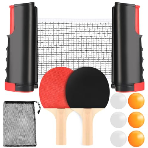 Tischtennisschläger Set mit Netz, 2 Schlägern, 6 Bällen und Tasche | Tischtennis Set Mobiles Ping Pong Set mit ausziehbarem Netz, ideal für Kinder, Familien, Indoor und Outdoor