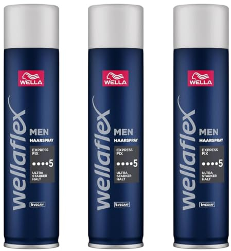 3x Wella Wellaflex Men Express Fix Haarspray Ultra Starker Halt *5 Vegan Bis zu bis zu 48 Stunden Halt mit einer veganen Formel, die sanft zur Kopfhaut ist 250ml (3er Pack)