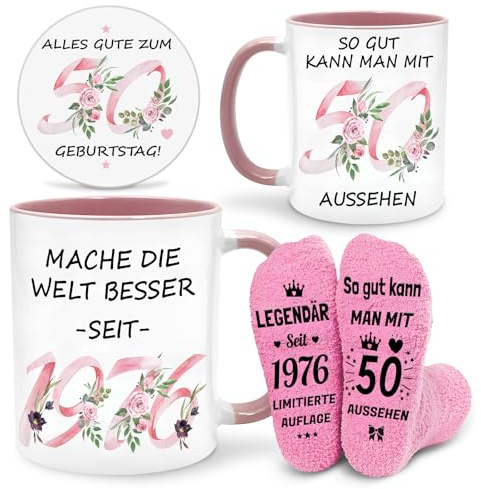 Geschenke zum 50. Geburtstag für Frauen, 1976 Tasse, Socken & Untersetzer | Lustige Geschenke für Freundin Mutter Gattin Schwestern Freunde Kolleginnen, 50 Geburtstag Frau Deko