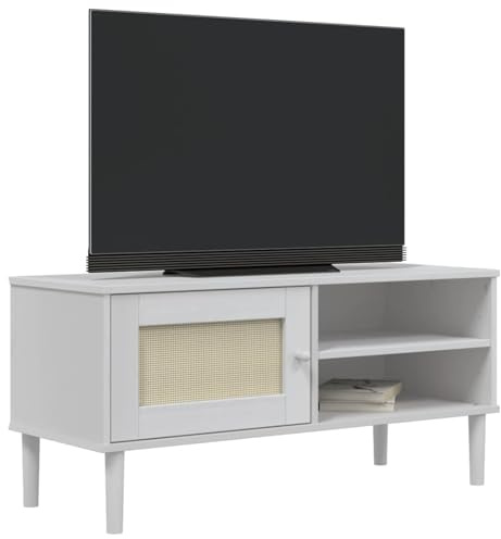 HOMELEN Meuble TV SENJA aspect rotin blanc 106 x 40 x 49 cm en bois de pin, meuble TV, meuble TV, meuble TV, meuble TV RTV pour salon, chambre à coucher