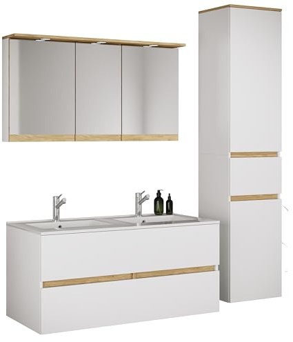 VCM 4-TLG. Doppelwaschtisch Cosila mit Doppel Keramikbecken – Badschrank H. 51 x B. 111 x T. 51 cm mit 2 Softclose-Schubladen, Spiegelschrank mit Beleuchtung & Steckdose und Hochschrank Cosila-I
