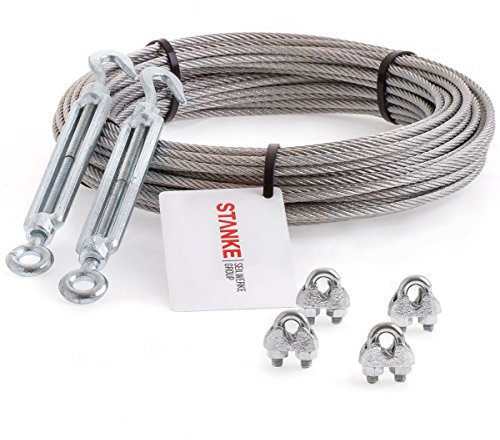 Seilwerk STANKE cavo in acciaio inossidabile V4A, cavo in acciaio inossidabile da 10m 5mm 7x7, 2x tenditore M8 a occhiello + gancio zincato, 4x fascetta per arco V4A - SET 4