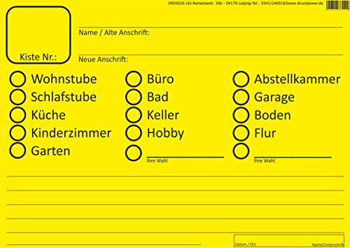 INDIGOS UG® - Umzugsetiketten 100 Stück GELB - ideall zum Beschriften beim Umzug für Möbel und Kisten - Aufkleber DIN A6
