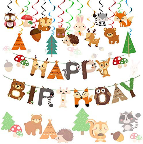 JeVenis Woodland Geburtstag Dekoration Tier Geburtstag Banner Waldtiere Banner Waldtiere Freunde unter dem Thema Luftballons Waldtiere Geburtstag Deko