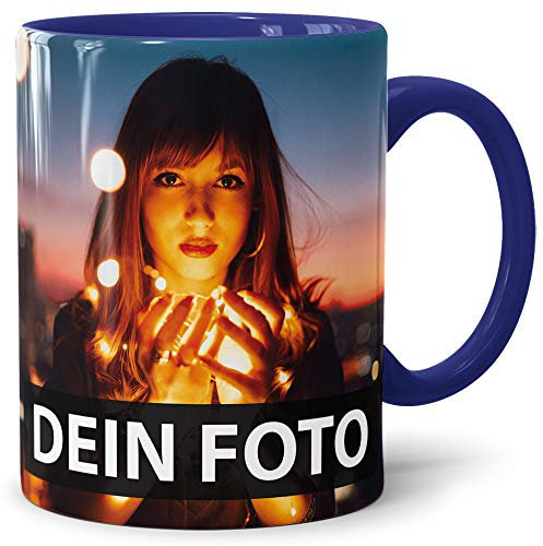 Foto-Tasse zum selbst gestalten mit Foto und Text/mit individuellen Druck in Profiqualität/Personalisierte Geschenk-Idee mit Bild/XXL-Druck/Dunkelblau