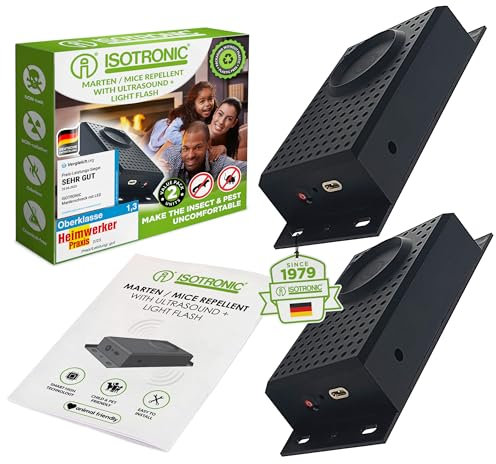 ISOTRONIC Marderschreck Blitz mit Licht LED Blitzlichtfunktion | Ultraschall für Haus Garage Auto Dachboden| Gegen Marder Mäuse Ratten, 2 Stück