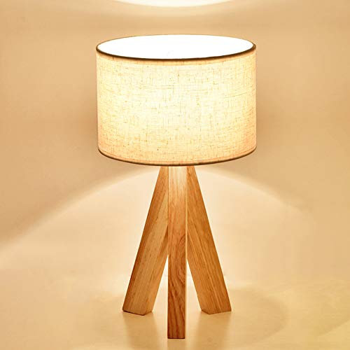 Mengjay Lampe de Chevet en Bois à Trépied, Abat-jour Classique en tissu, Parfait pour Chambre, Salon, Salle d’étude, et Bureau, Hauteur de 32 cm, N'inclut pas l'ampoule - Blanc