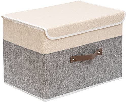 OUTBROS Collapsible Storage Box with Lid, Linen Fabric Wardrobe Organiser, Large Baskets For Towels, Clothes, 17.7 x 11.8 x 11.8 inch (Beige/Grey, 1-Pack)