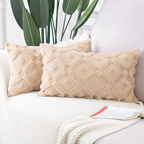 Madizz 2er Set Sanft Plüsch Kurze Wolle Samt Dekorativ Zierkissenbezüge Luxus Stil Kissenbezug für Sofa für Schlafzimmer Khaki 30x50 cm Rechteckigig