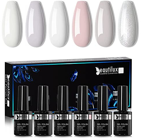 Beautilux UV Nagellack Weiß, 6 Farben 10ml Soak Off Gel Nagellack Set für Home-Maniküre Nail Art Maniküre (Weiß Serie)