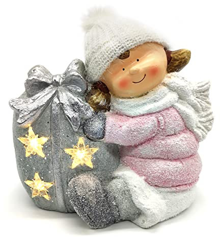 DARO DEKO Winterkind Mädchen mit Geschenk und LED Sternen 28cm Dekofigur Weihnachtsdeko