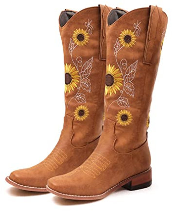MissFox Stivali Cowboy Donna Stivali Western con Ricamo Girasole Stivaletti Primaverili Stivali Country con Tacco Grosso