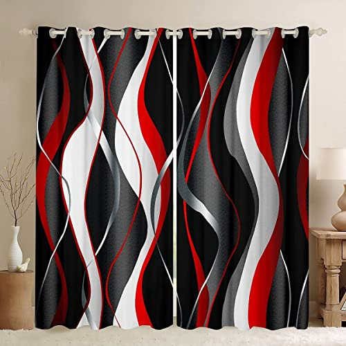 Loussiesd Red Grey Black Curtains Geometric Spiral Pattern Window Drapes for Kids Boys Girl Modern Abstract 30%-50% Blackout Curtain Grey White Window Treatments W66*L72