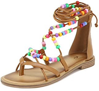 QUEEN HELENA Sandalias de Dedo Planas con Cordones para Mujer Y4010 Marrón, 37 EU