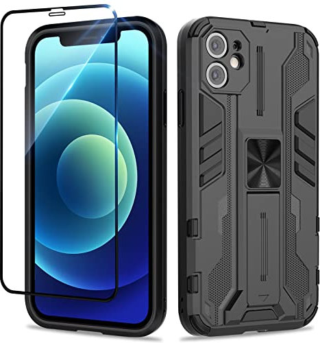 Btstring Case for iPhone 12 and Screen Protector Tempered Glass, Heavy Duty Shockproof Tough Armour Case with Stand Protective Personalised Phone Cover - Black