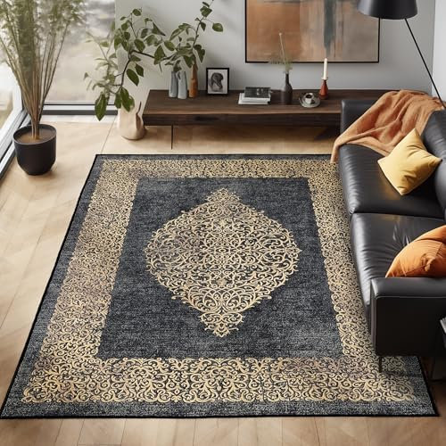 Waschbarer Teppich Flachgewebe Robust Barock Design Vintage Optik rutschfest Teppich Wohnzimmer, Farbe: Schwarz, Größe: 160 x 230 cm