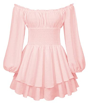Rüschenkleid mit langen Puffärmeln und integrierten Shorts, schulterfrei, Stufenrock, Chiffon-Kleid, Freizeitkleid, rose, Small