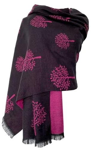 GFM® Sciarpa stampata con alberi di gelso o scialle pashmina in cashmere per autunno inverno (MBRY-A), .Mbshl-klfsh-scialle Nero Fucsia, L