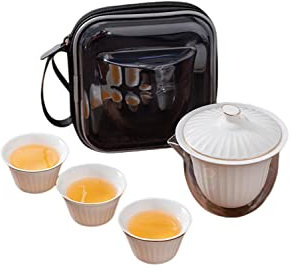 SERUMY Set da tè da viaggio Teiera in ceramica Gaiwan con 3 tazze portatile da viaggio Home Office bere set da tè con borsa da viaggio-A