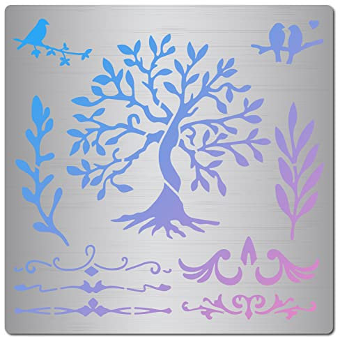 GORGECRAFT Baum Des Lebens Metallschablone Edelstahl Blumenranke Wiederverwendbare Blätter Vorlagen Vogel Auf Ast Tagebuch Werkzeug Für Holzverbrennung Scrapbooking Wandmöbel Brandmalerei Gravur