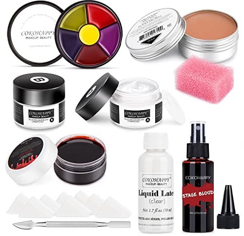 SFX Makeup Kit Halloween schminke set, kunstblut Blut Spray, flüssiglatex, latexmilch, Narben Wachs, Silikon Modellierung Compound, 6-Farben Bruise Gesicht Körperfarbe für Zombie Monster Cospaly