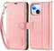 TUCCH Flip Case for iPhone 15 (6.1) 2023, PU Leather Wallet Stand Case with Wrist Strap, RFID Blocking, Card Slots, Shockproof TPU, Viewing Stand, Magnetic Folding Cover for Women Men, Pink