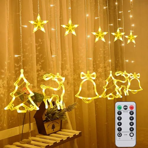 Tenda Luminosa Natale, 120 LED Alberi di Natale Alce Campane Luci Tenda, 8 Modalità Catena Luminosa Stella Impermeabile, Tenda Luci Natale Decorative Per Interni Esterno Festa Matrimonio Balcone